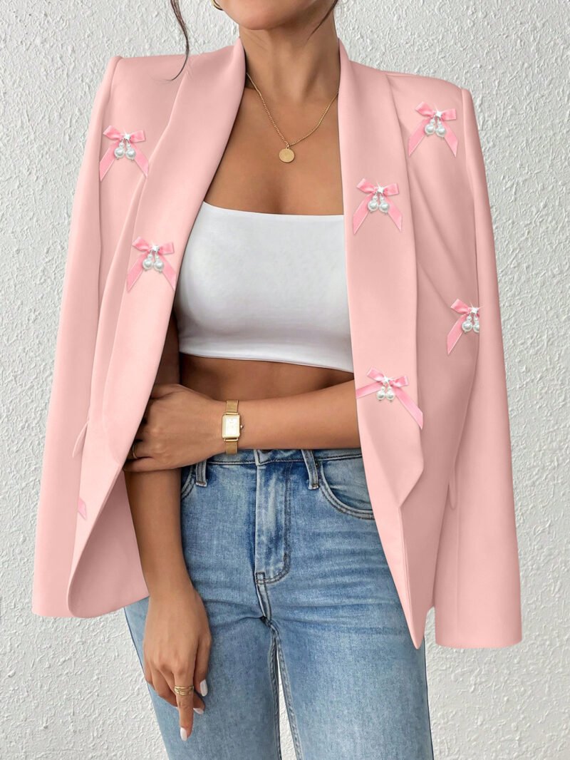 High-End Custom Pink Women's Blazer with All-Over Bow Embellishments