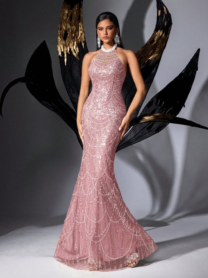 Custom High-End Floor-Length Pink Diamond Dress with Pearl Choker
