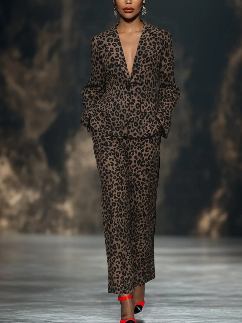Women's High-End Custom Brown Leopard Print Suit - Collared, Pocket Design