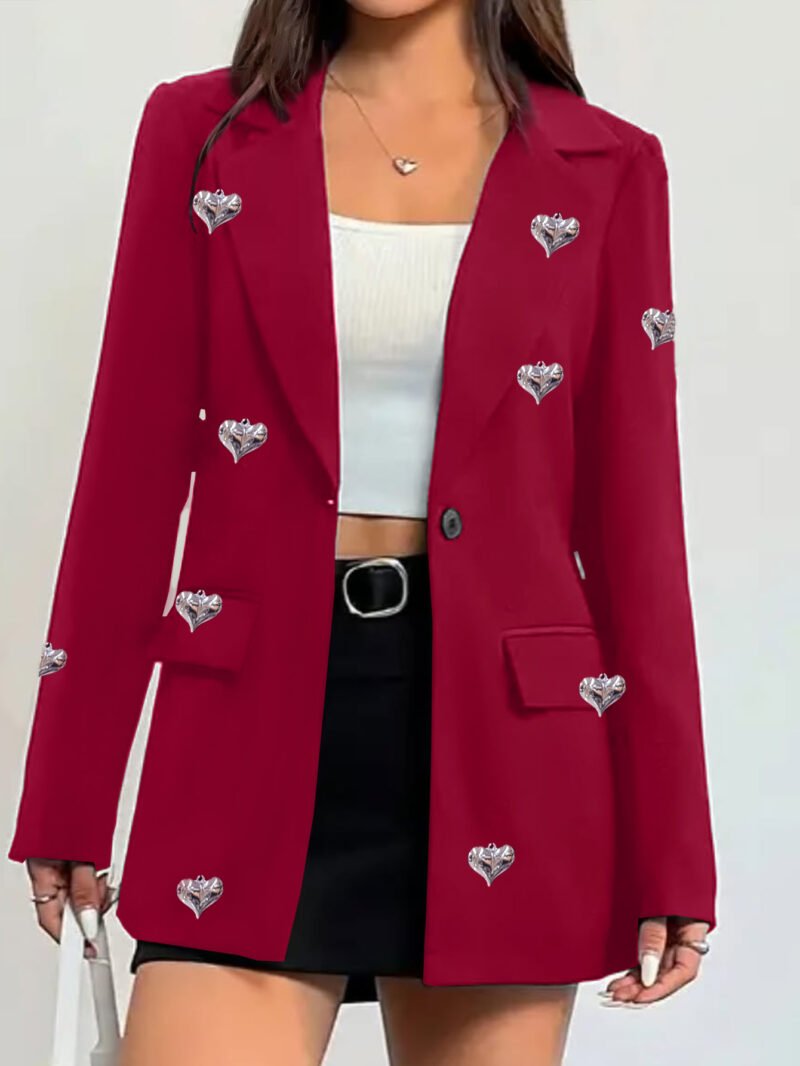 Red Blazer for Women with Metal Love Heart, Slim Fit & Belt Loops - Elegant Office/Casual Outerwear
