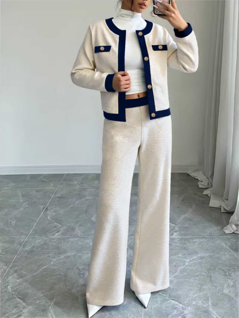 Women's High-End Custom Woven Tweed Set - Navy Blue Lace, Collarless, Chanel-Inspired Outfit