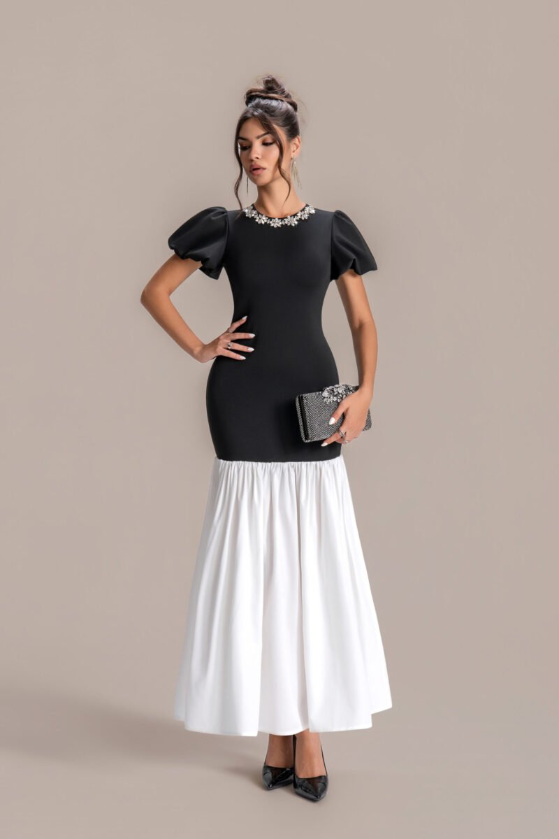 Two-Tone Custom Dress - Black Top with Crystals & White Skirt