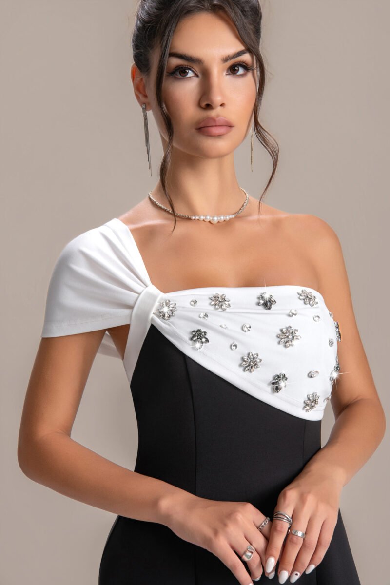 Asymmetric White Crystal Top & Black Slim-Fit Gown - Luxury Formal Dress