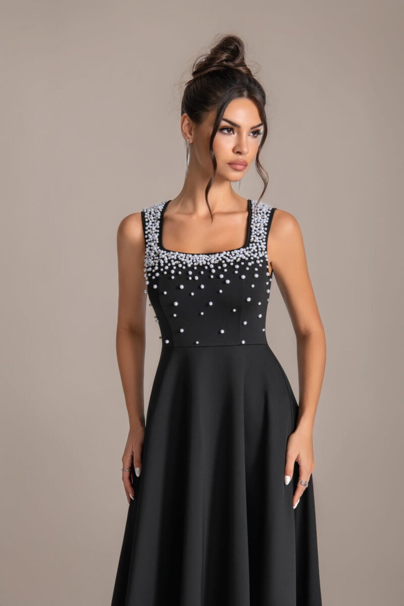 Black Sleeveless Mermaid Gown with Crystal Neckline Embellishments
