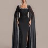 Queen-Style Black Evening Gown with Chest Crystals & Arm Cape
