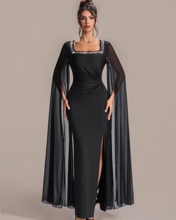 Queen-Style Black Evening Gown with Chest Crystals & Arm Cape