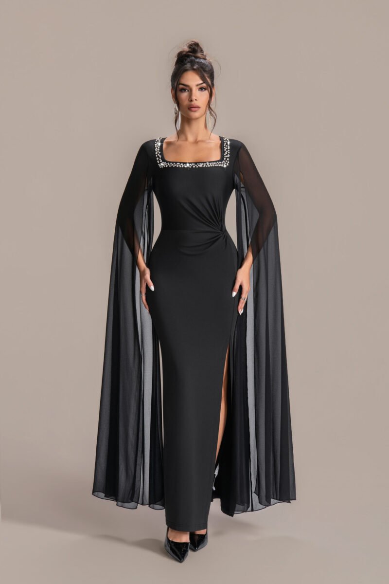 Queen-Style Black Evening Gown with Chest Crystals & Arm Cape