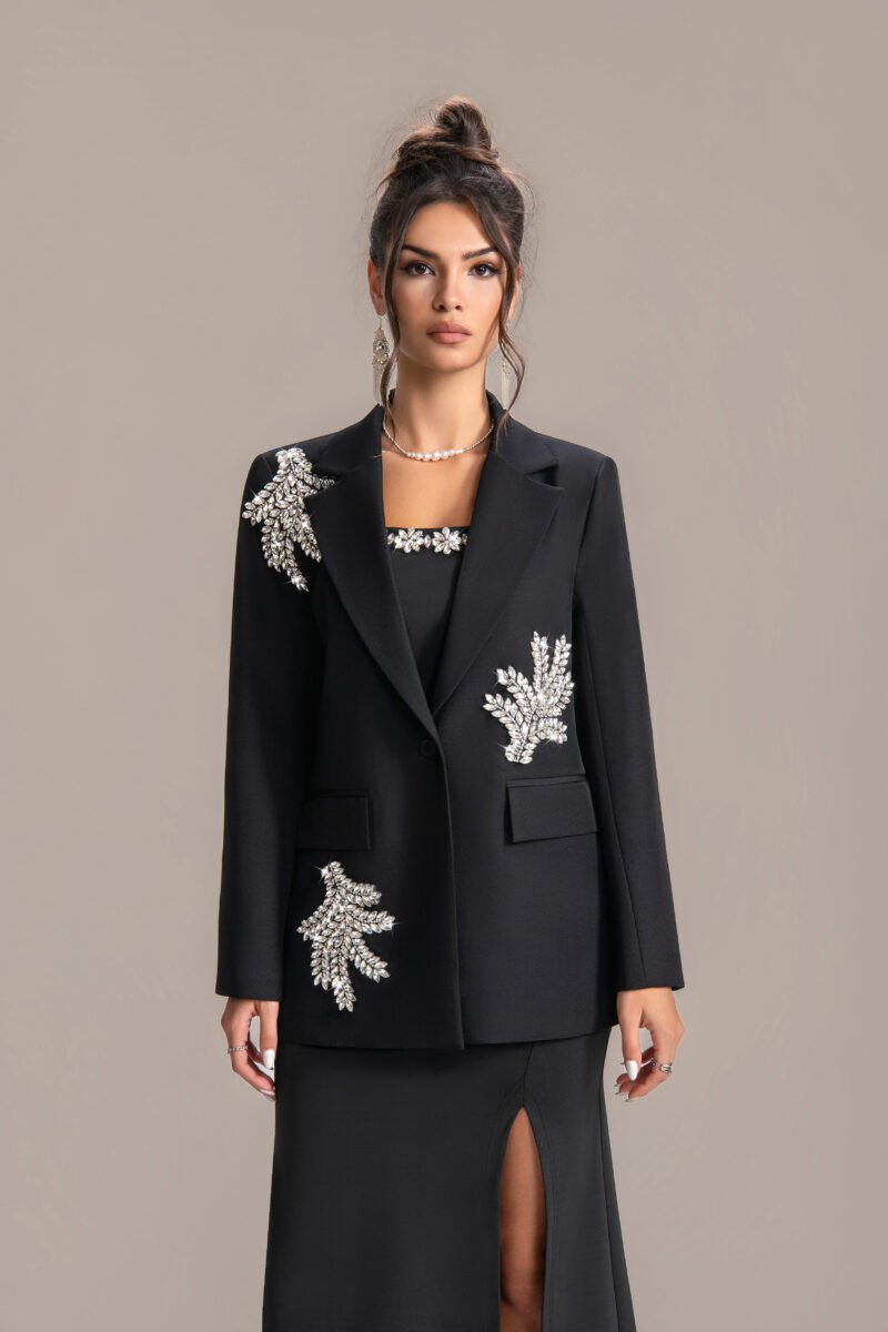 Bespoke Black Women’s Crystal Leaf Blazer Set | High-End Couture Formalwear