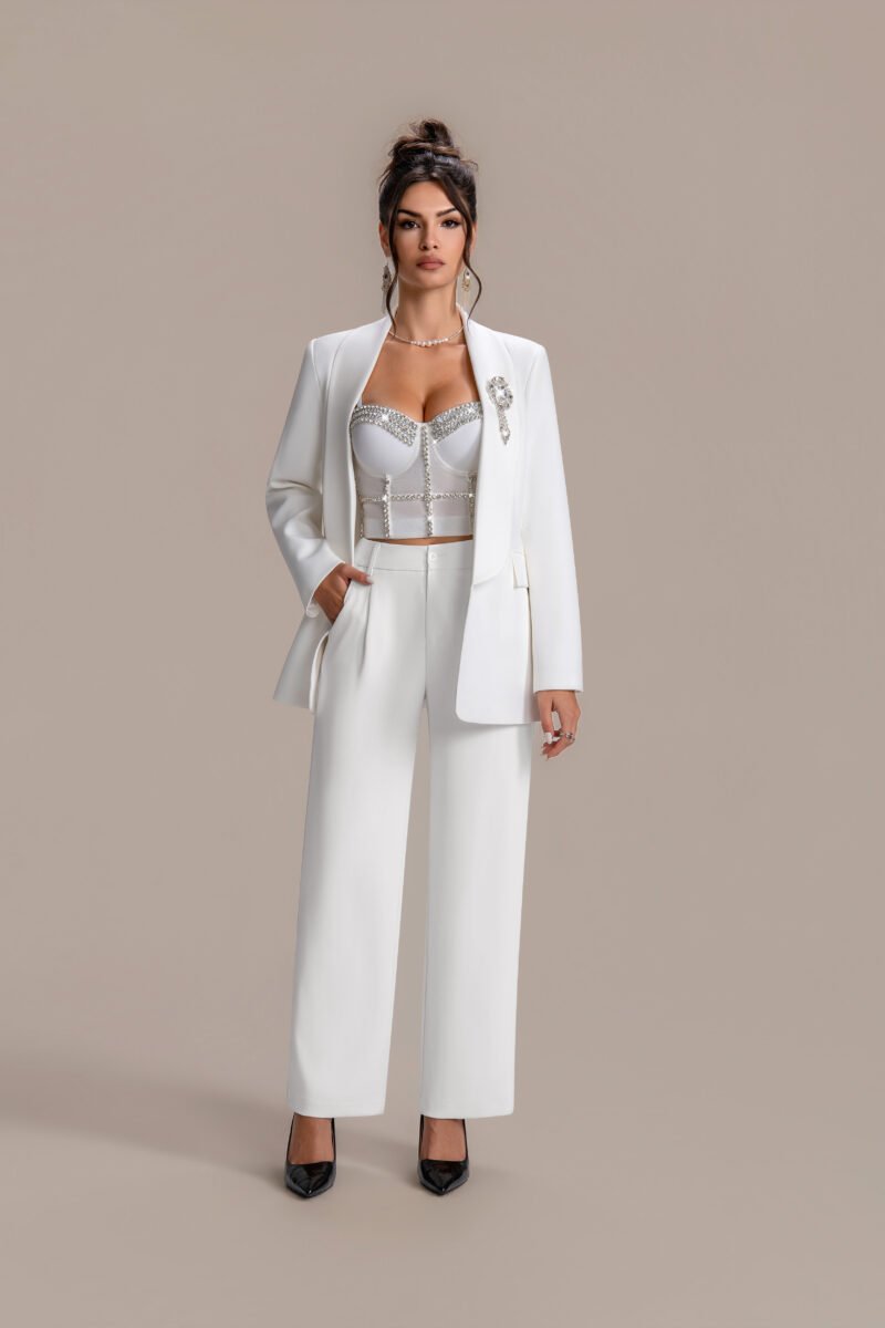 Bespoke White Women’s Luxury Suit | Circular Brooch & Back Embroidery Wreath | Custom Tailored Formalwear