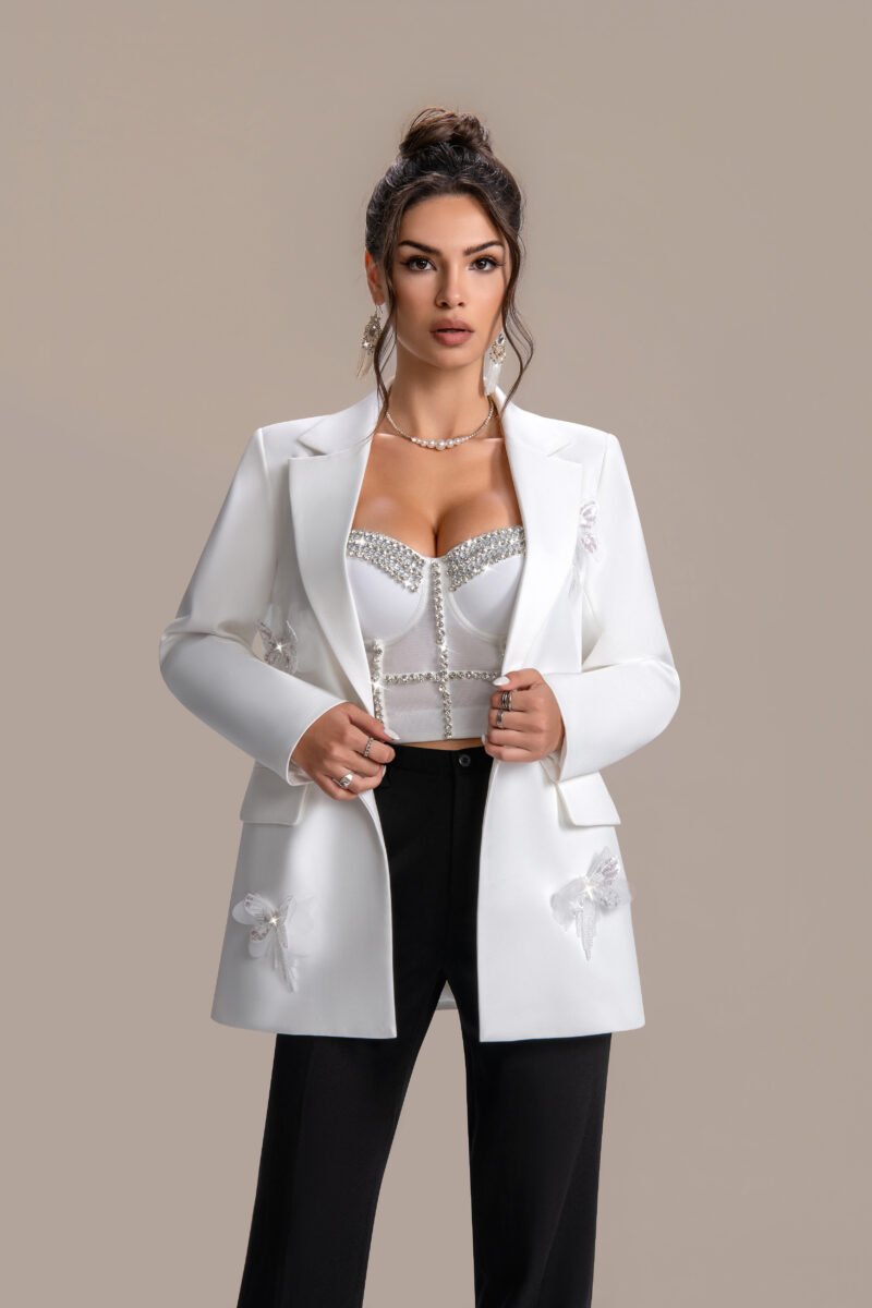 Bespoke White Luxury Suit with Hand-Embroidered Four Butterflies | High-End Custom Tailoring for Men & Women