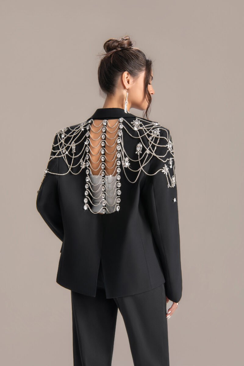 Black Couture Blazer with Crystal Chain Web Back Embroidery | High-End Custom Suit Set