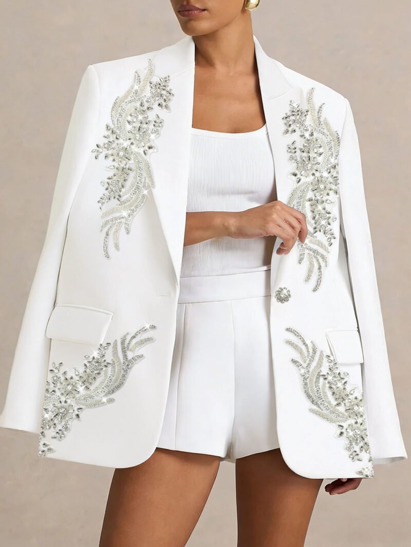 High-End Custom Women's White Blazer with Phoenix Rhinestone Embellishments