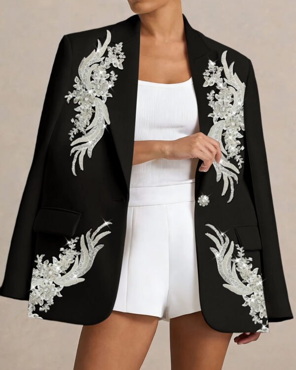 Haute Couture Black Blazer for Women - Phoenix Pattern Pearl Diamond Sequin Embellished