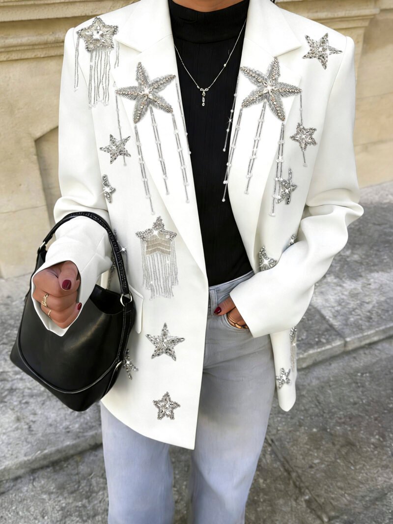High-End Custom White Women's Blazer with Starfish & Star Fringes