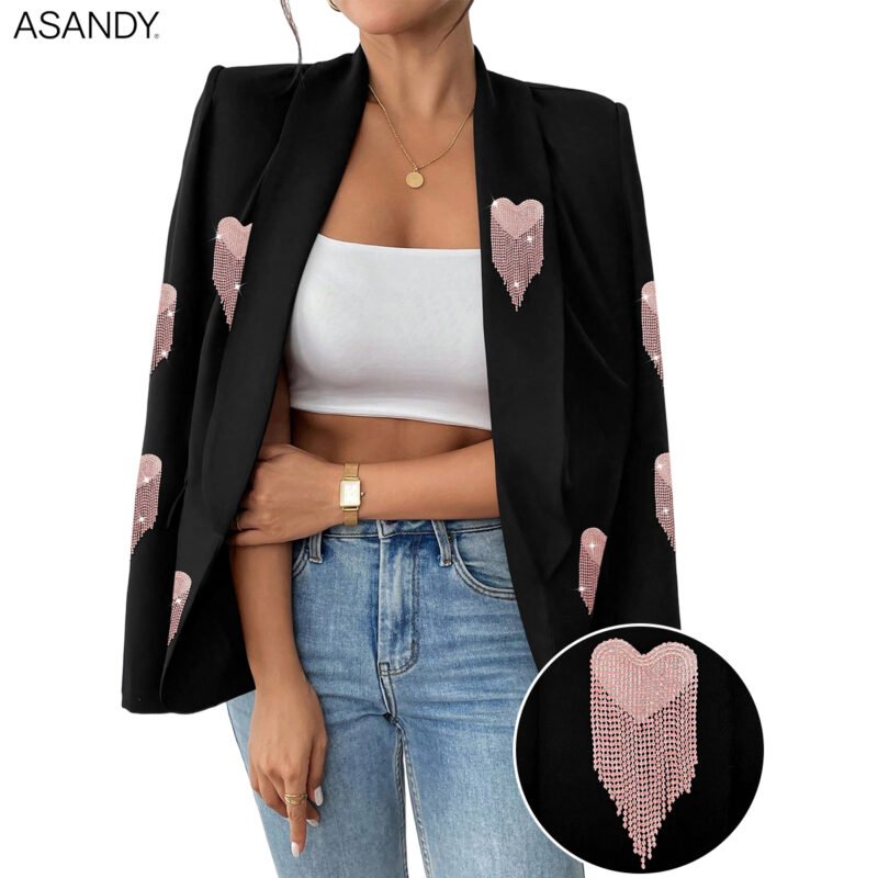 High-End Custom Black Women's Slim Blazer with Pink Heart Rhinestones & Fringes