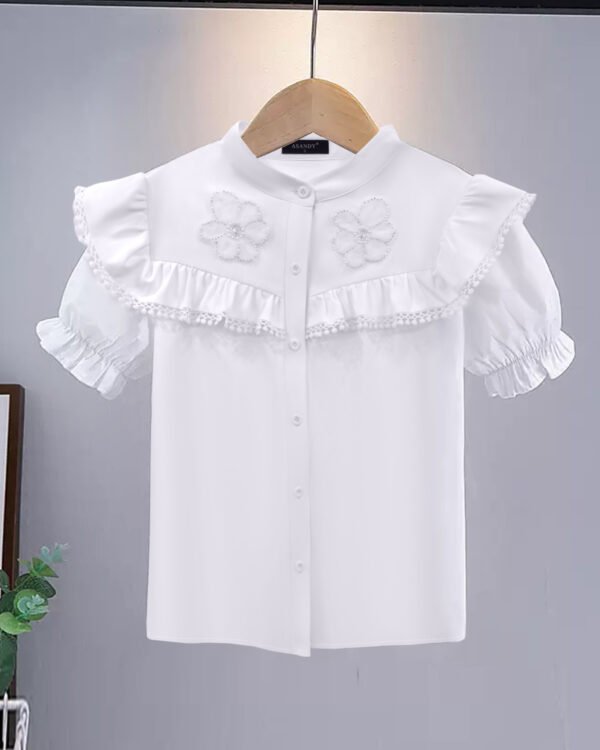 Girls' White Ruffled Collar Blouse with Floral Appliqué